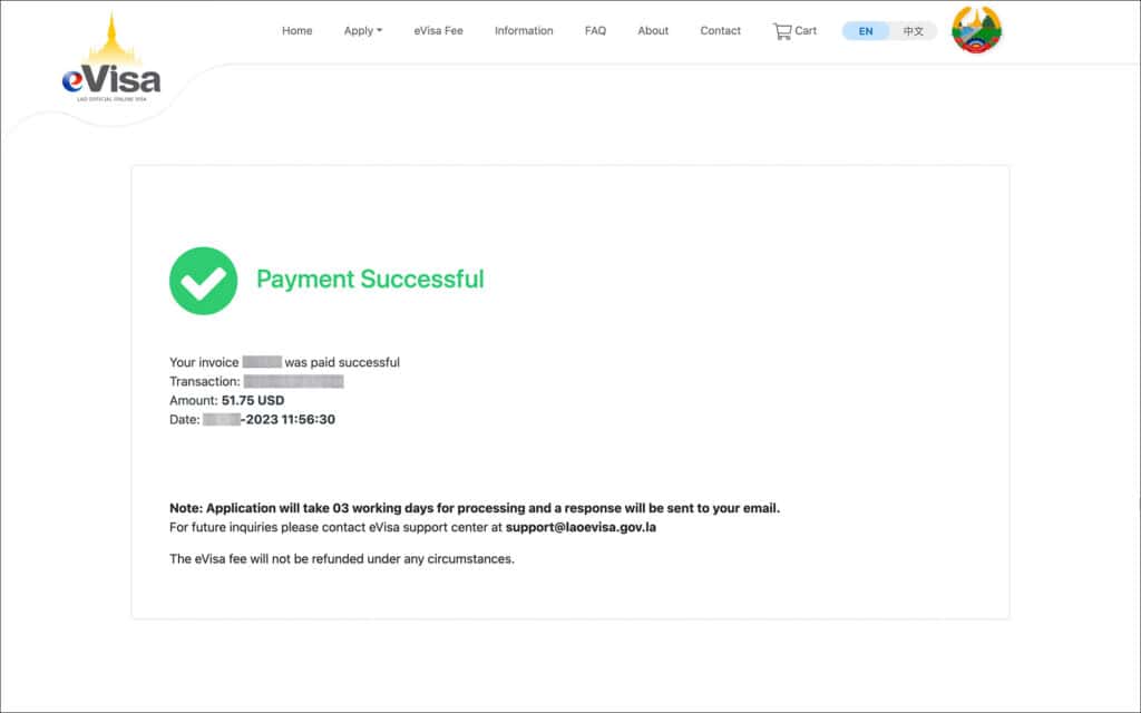 Laos eVisa - Payment successful page