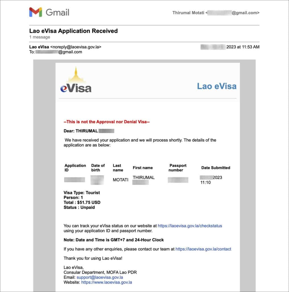 Laos eVisa - Application submitted email