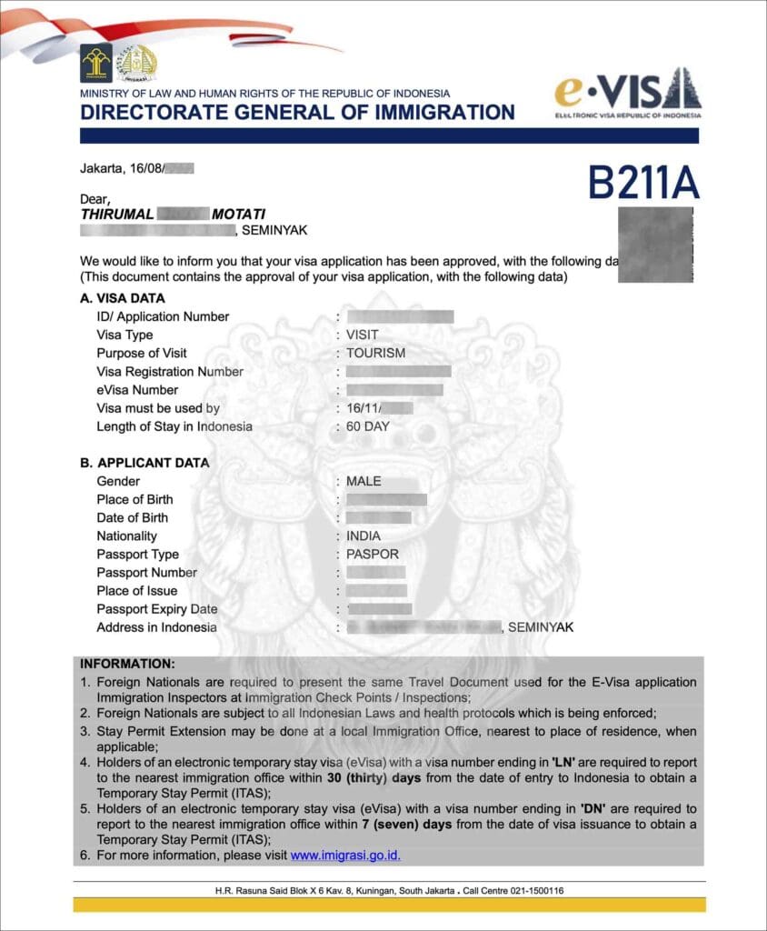 Indonesia B211A Visa