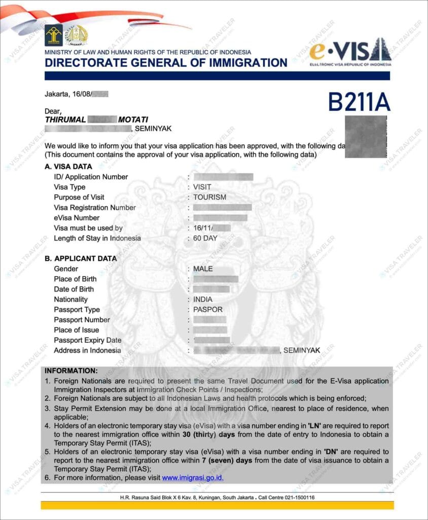 Indonesia Tourist Visa Sample