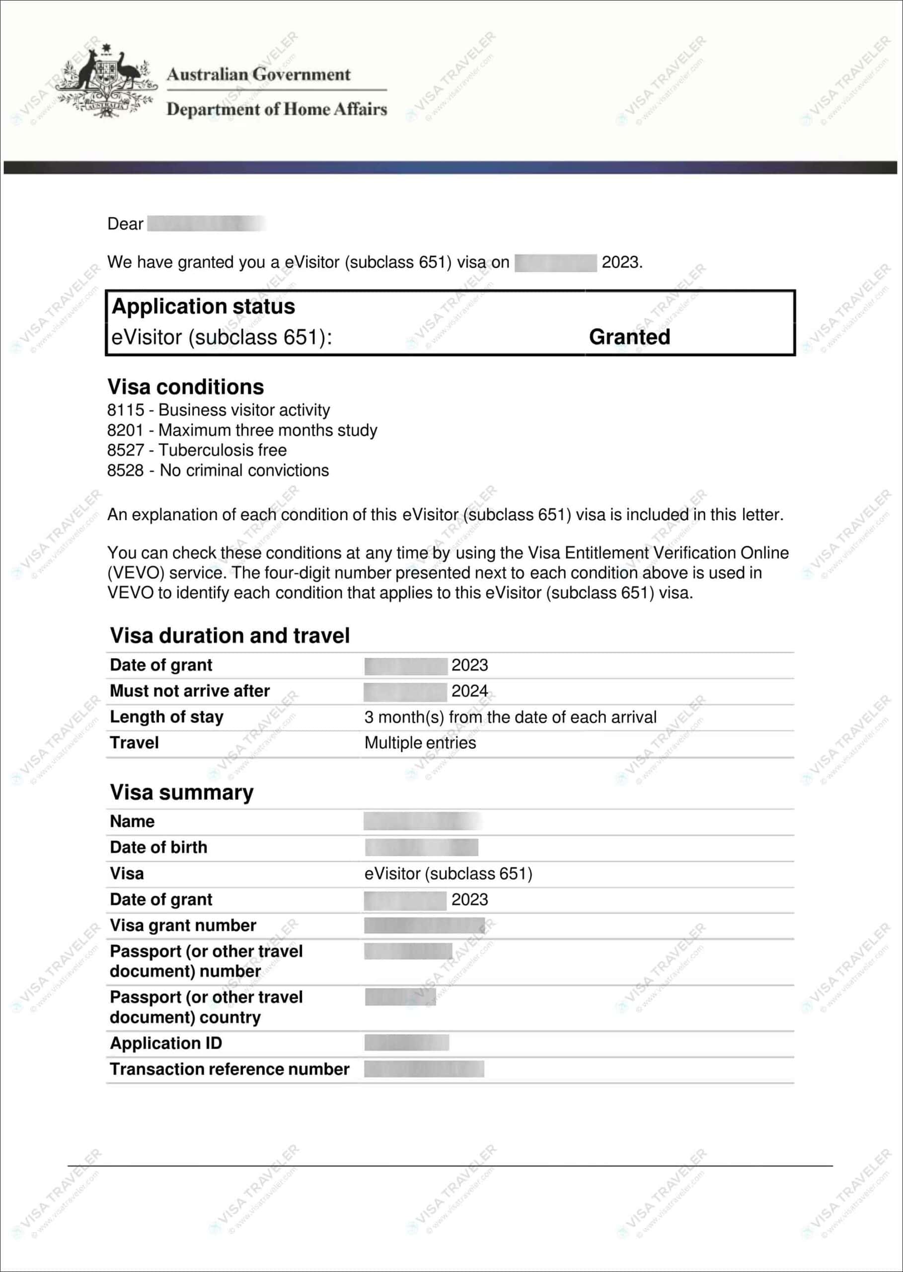 Australia eVisitor Visa Sample