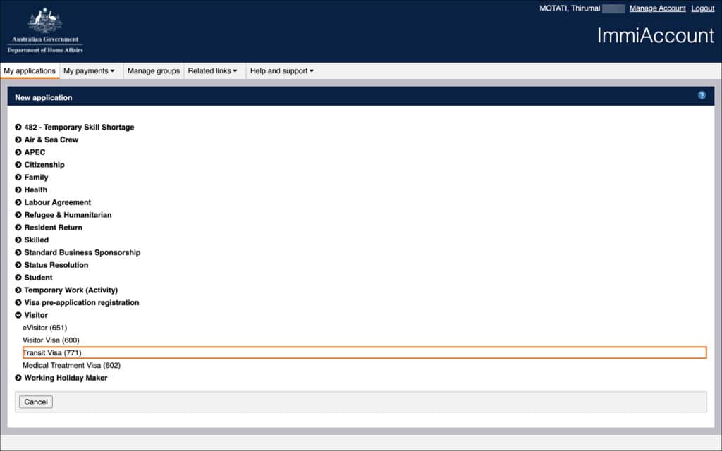 Australia Transit Visa (Subclass 771) on ImmiAccount Portal