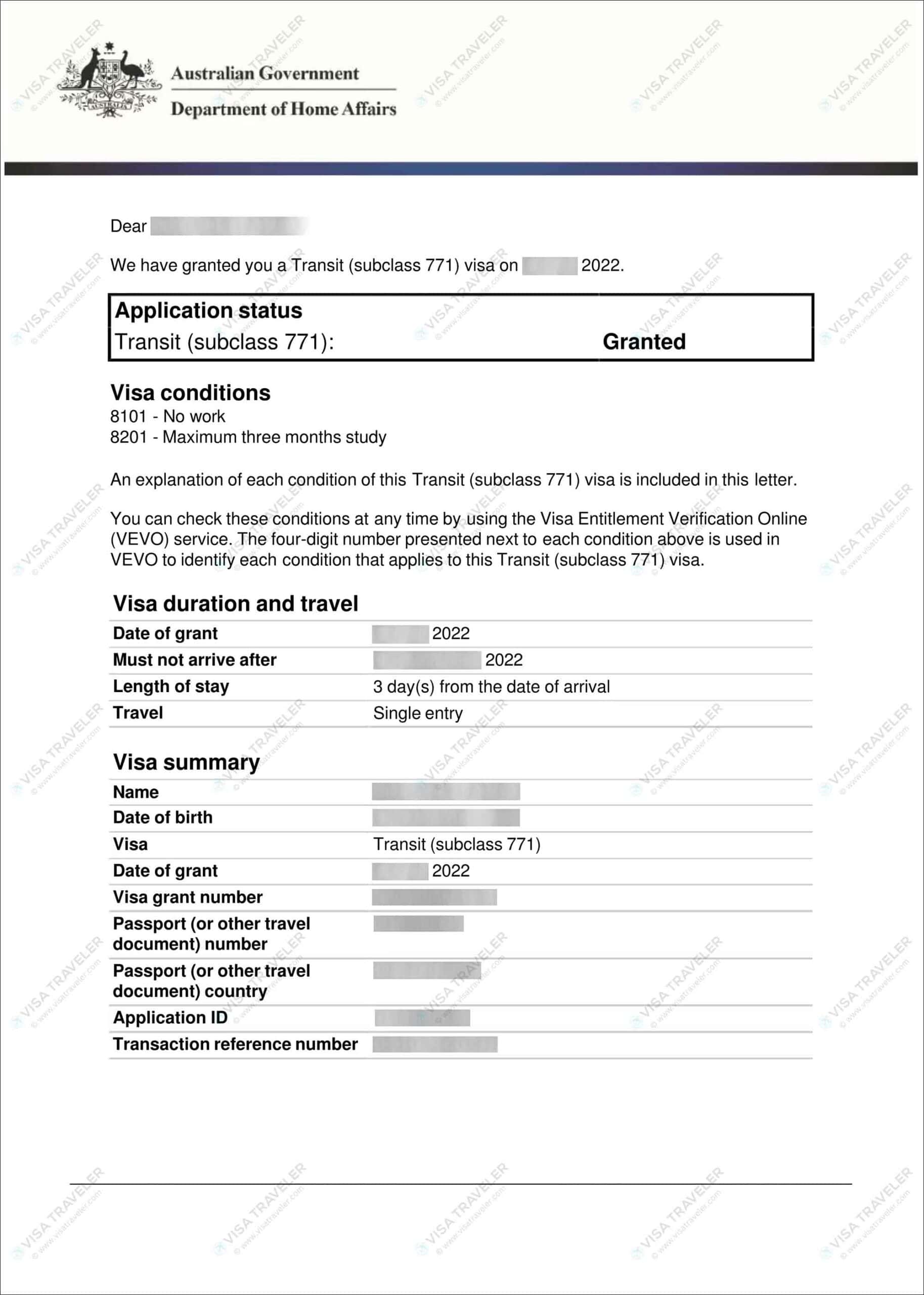 Australia Transit Visa (Subclass 771) Sample