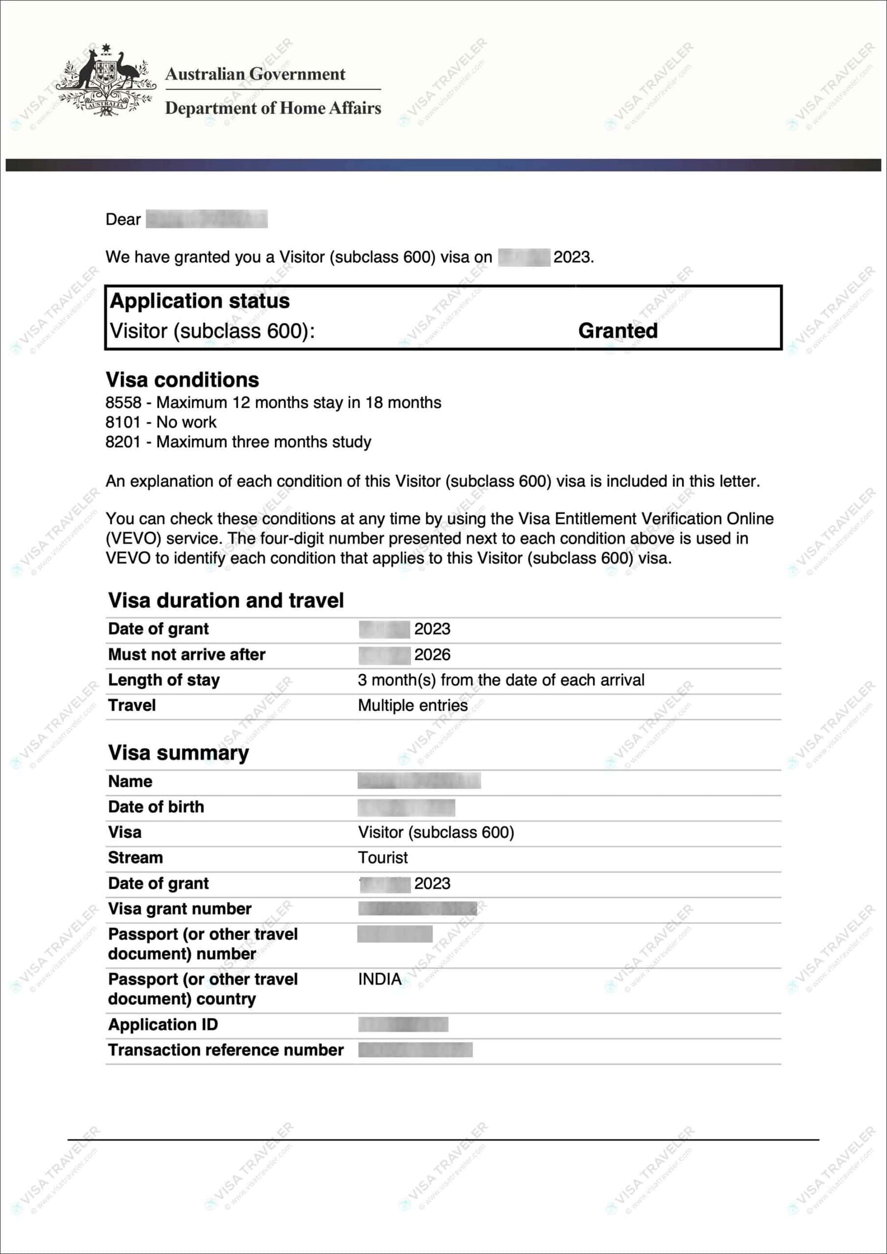 Australia Visitor Visa (Subclass 600, Tourist Stream) Sample