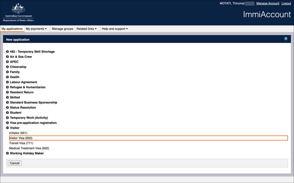 Australia Visitor Visa (Subclass 600) Application on ImmiAccount Portal