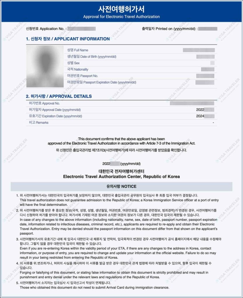 South Korea Electronic Travel Authorization (K-ETA) Sample