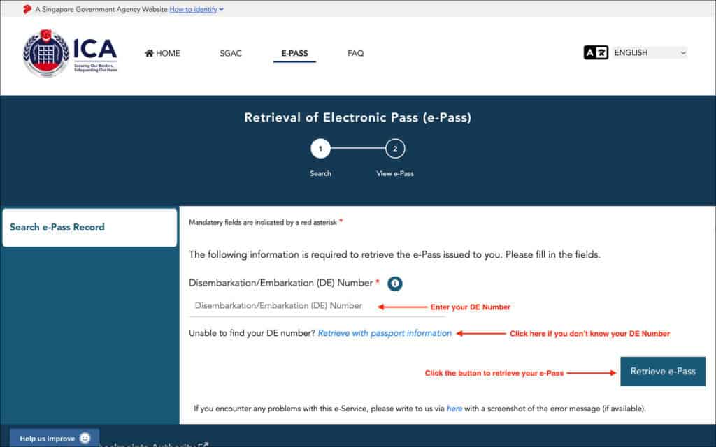 Retrieve Singapore e-Pass - Search by DE Number