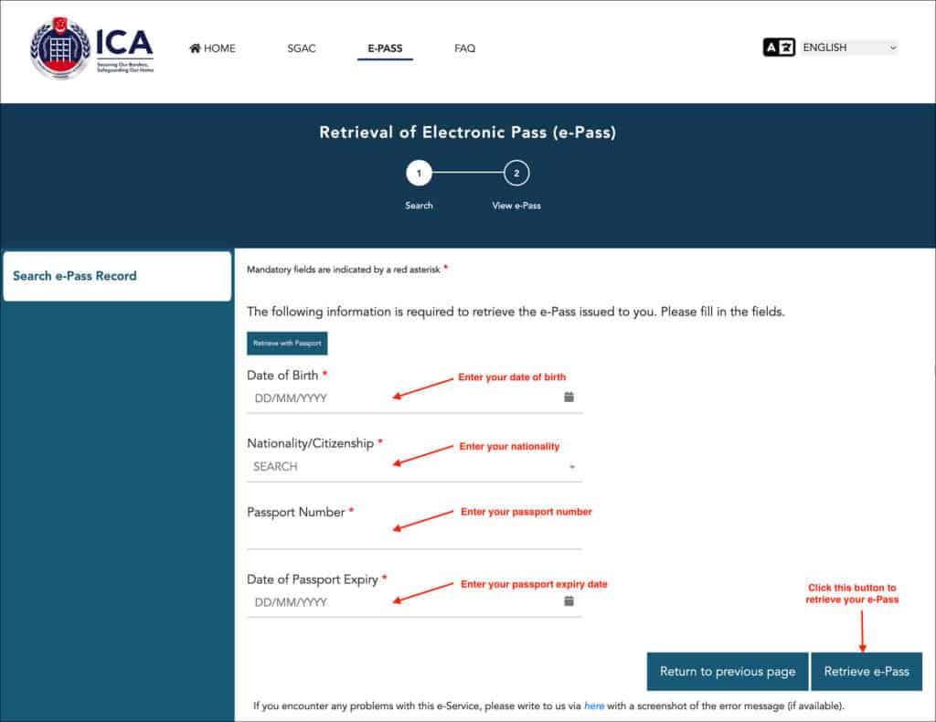 Retrieve Singapore e-Pass - Search by Passport Information