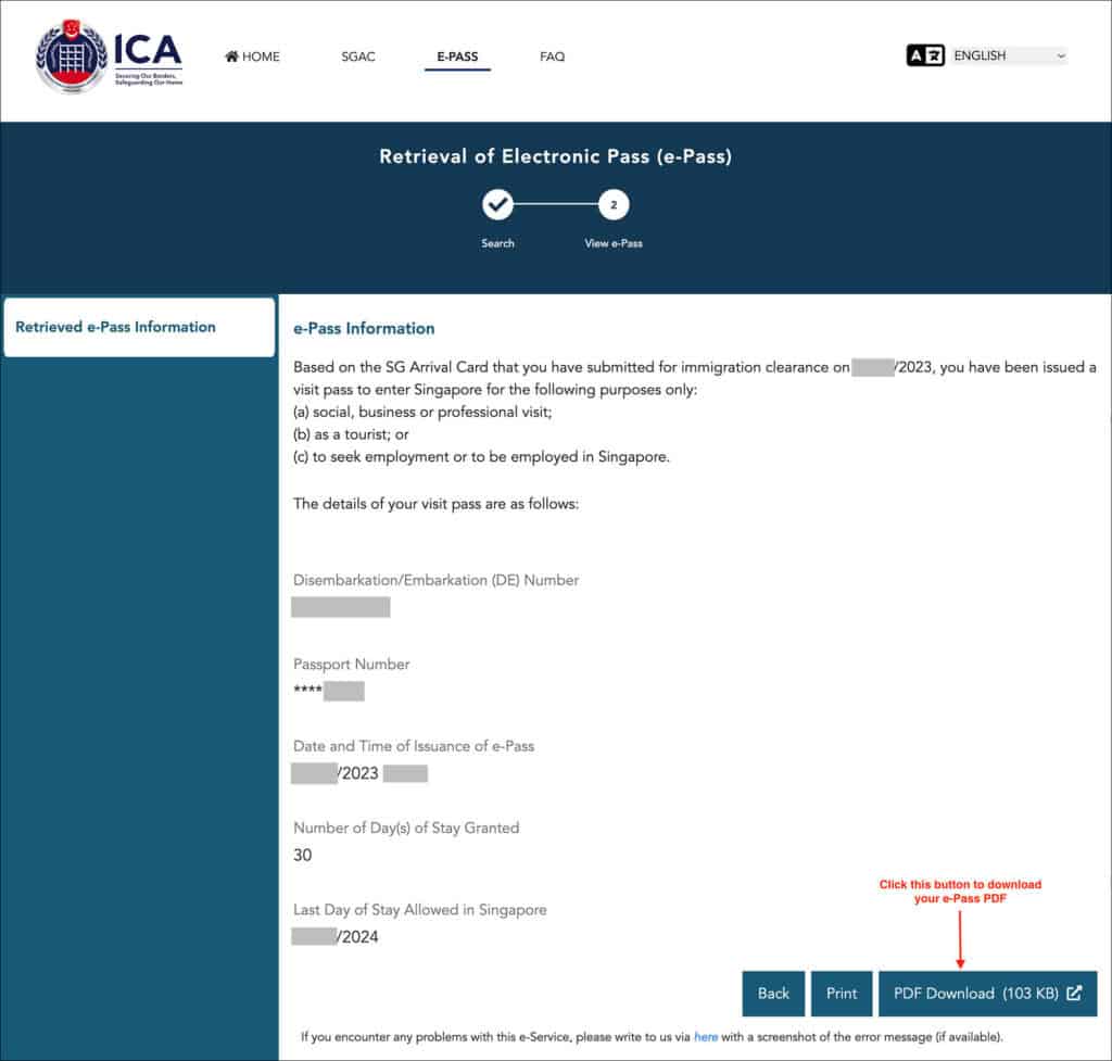 Retrieve Singapore e-Pass - View e-Pass