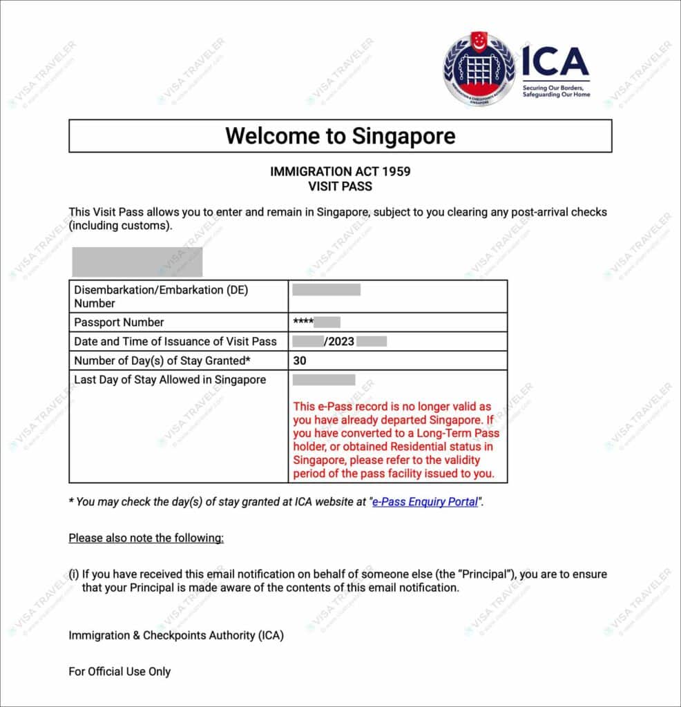 Singapore Electronic Visit Pass (e-Pass) Sample