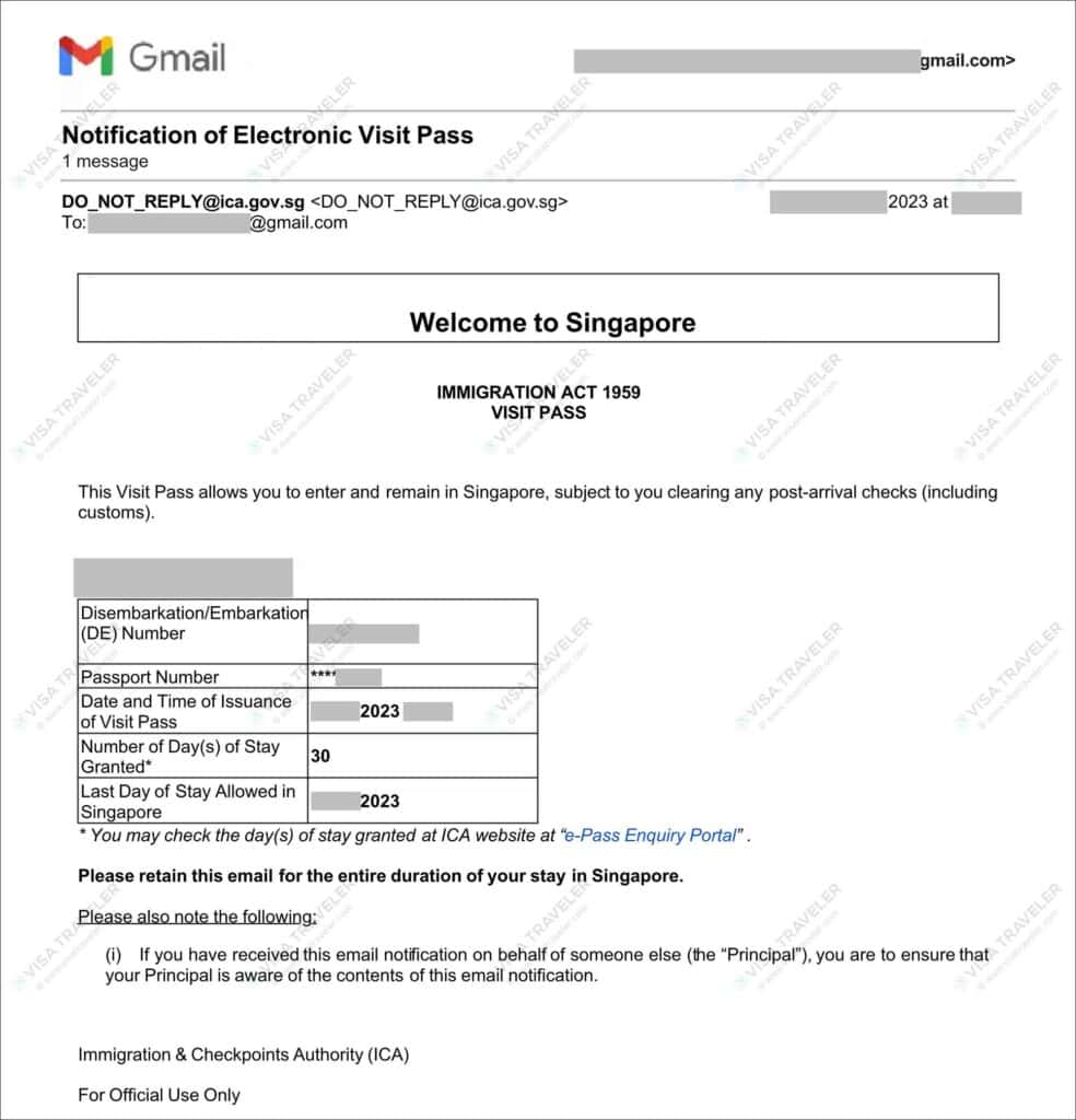 Email Notification of Singapore Electronic Visit Pass (e-Pass)