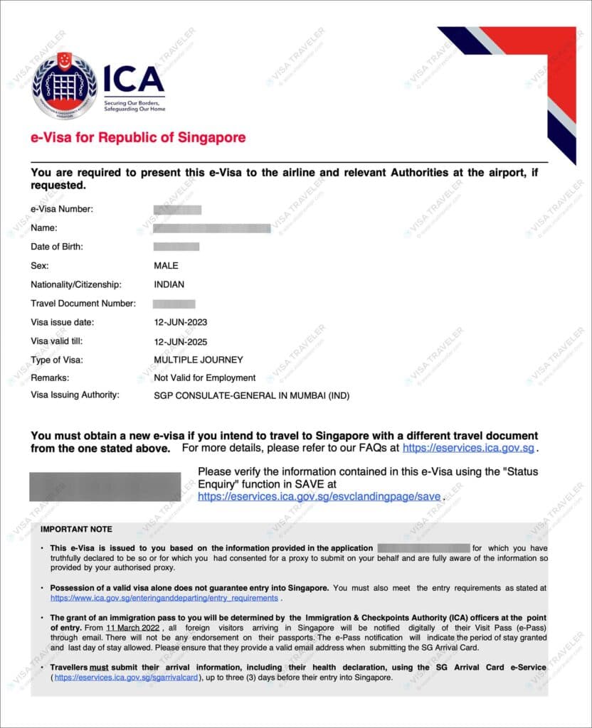 Singapore Tourist Visa (e-Visa) Sample