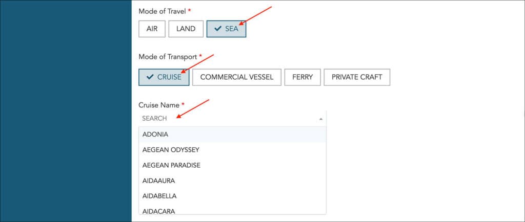 SG Arrival Card - Mode of Travel Sea