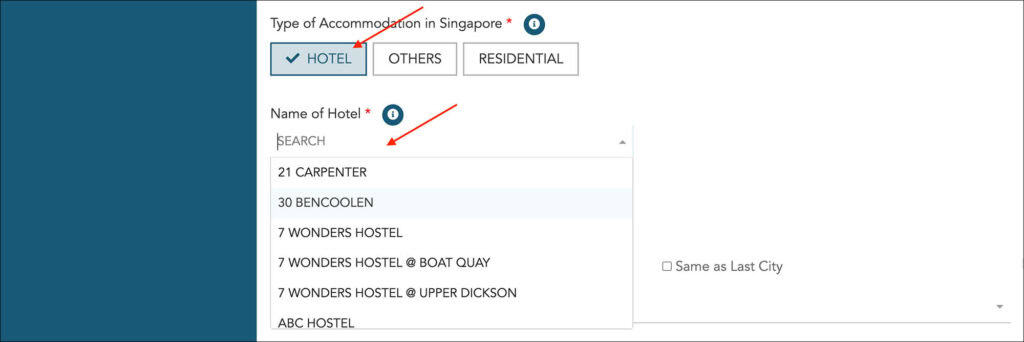 SG Arrival Card - Accommodation Hotel