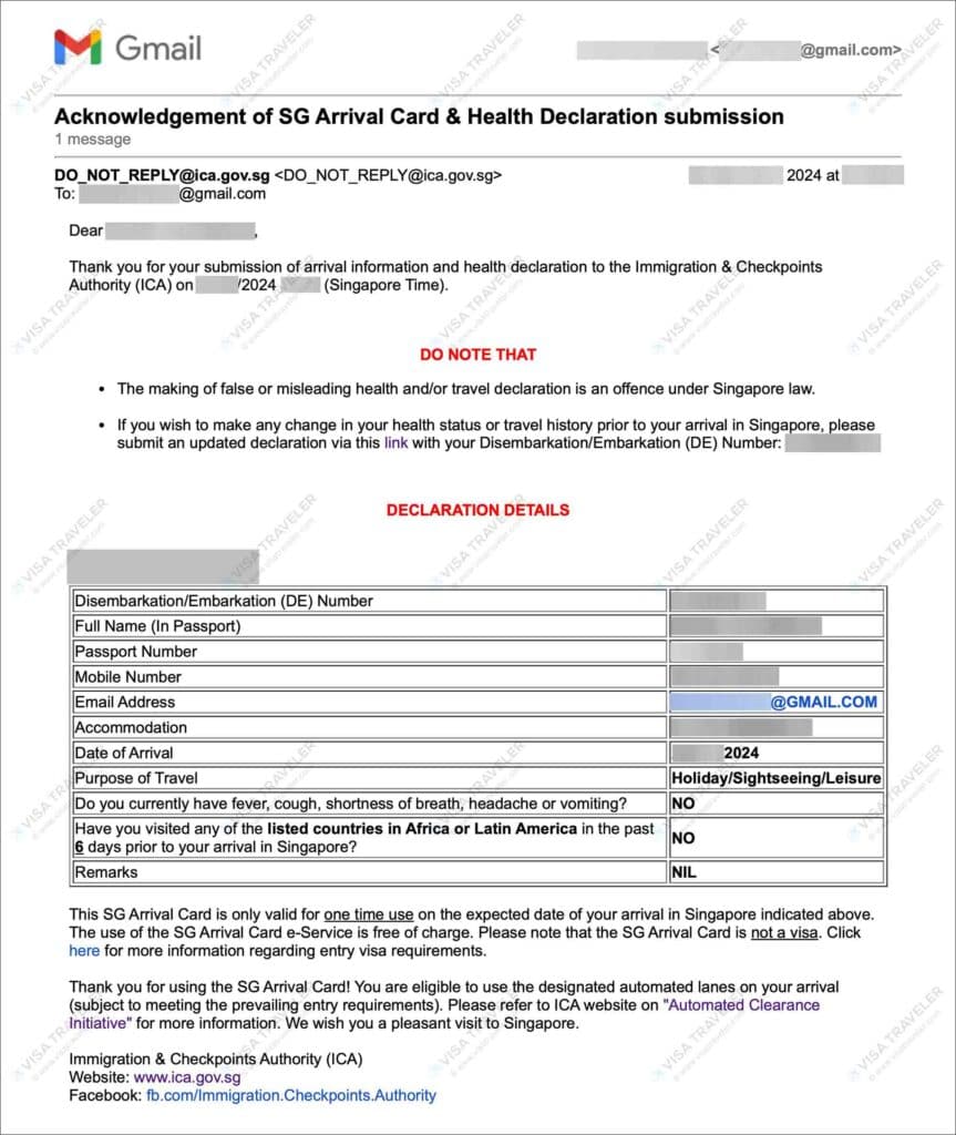 SG Arrival Card - Email Acknowledgement