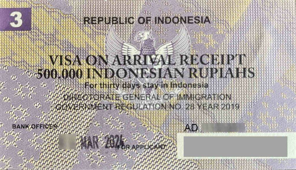 Indonesia Visa on Arrival (VOA) Fee Receipt