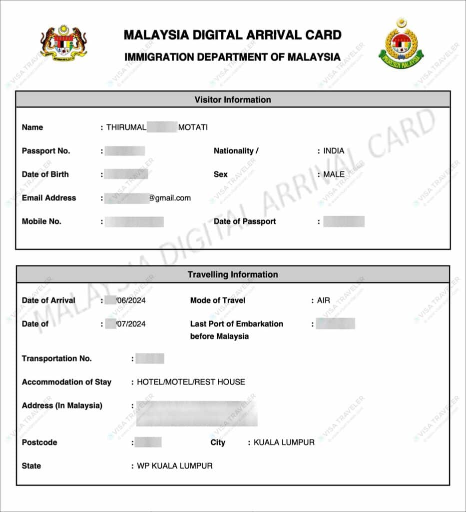 Malaysia Digital Arrival Card (MDAC) Sample