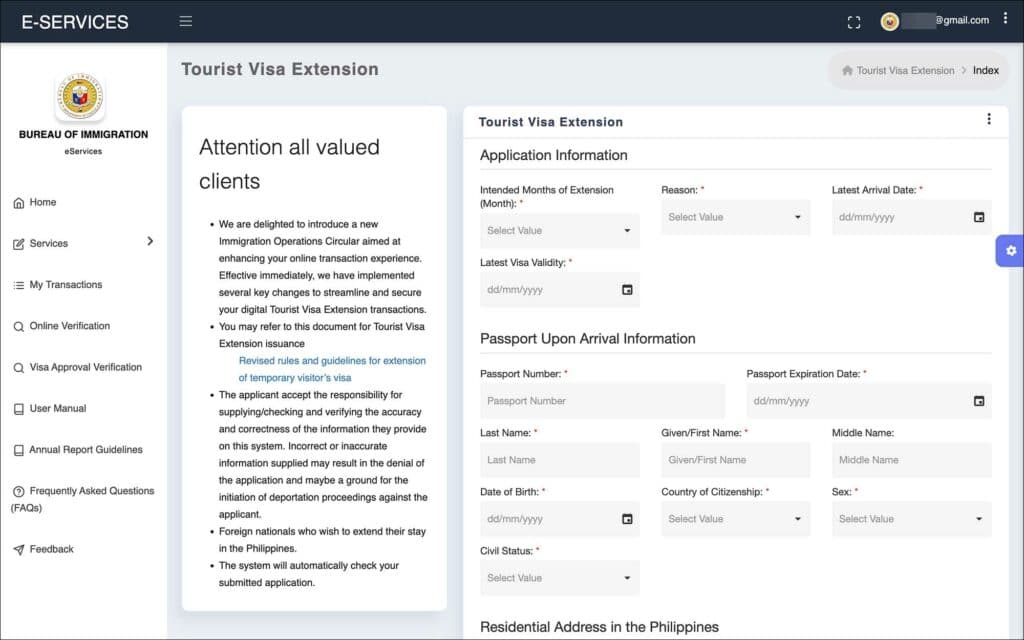 Philippines Visa Extension on e-Services Portal