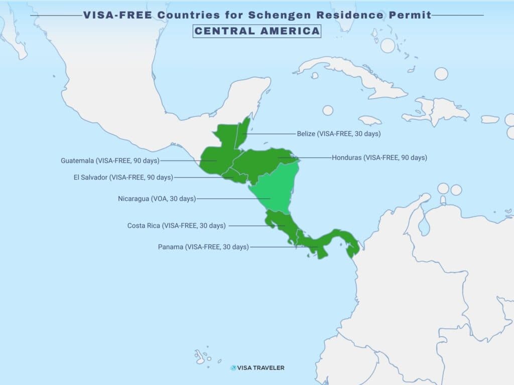 VISA-FREE Countries for Schengen Residence Permit Holders in Central America