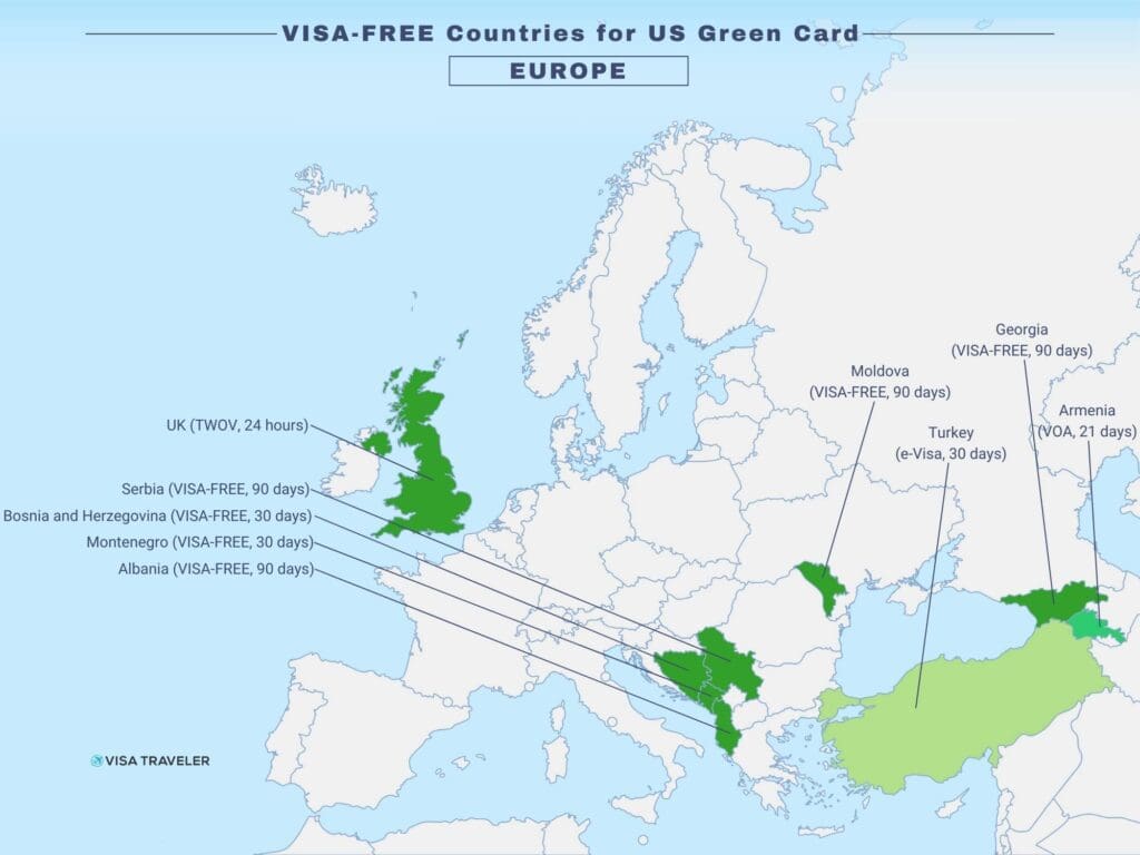 VISA-FREE Countries for US Green Card Holders in Europe