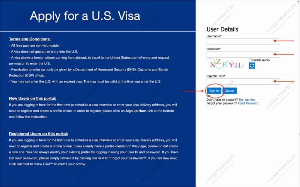 Schedule US visa appointment on US Visa Scheduling - Sign in page