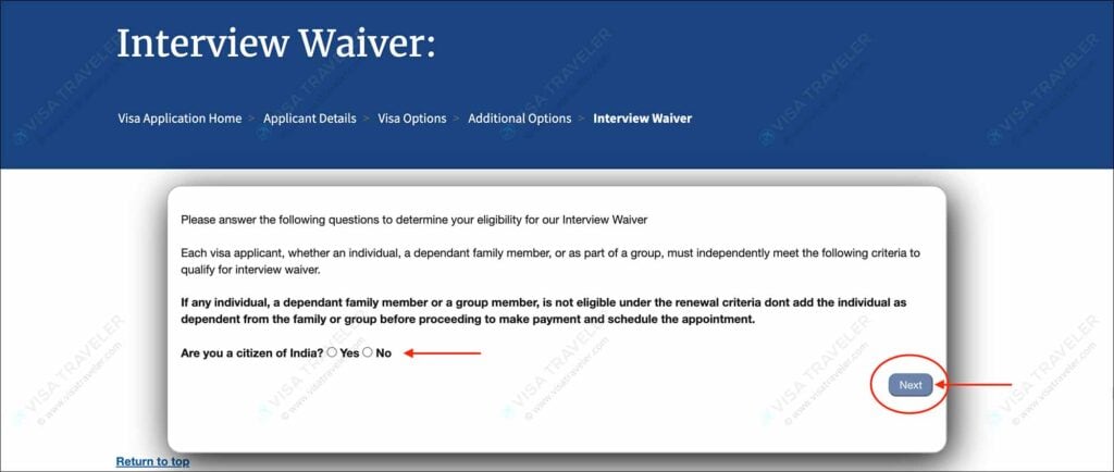 Schedule US visa appointment on US Visa Scheduling - Interview waiver questions