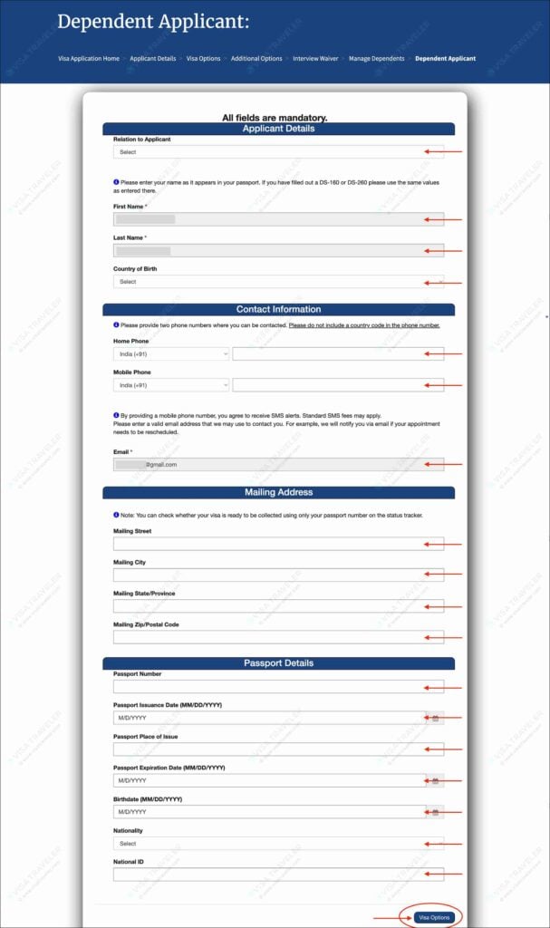 Schedule US visa appointment on US Visa Scheduling - Dependent applicant details