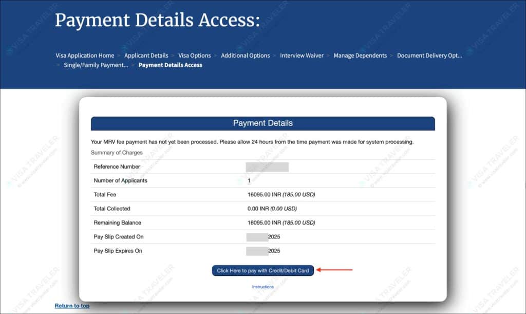 Schedule US visa appointment on US Visa Scheduling - Payment with credit or debit card
