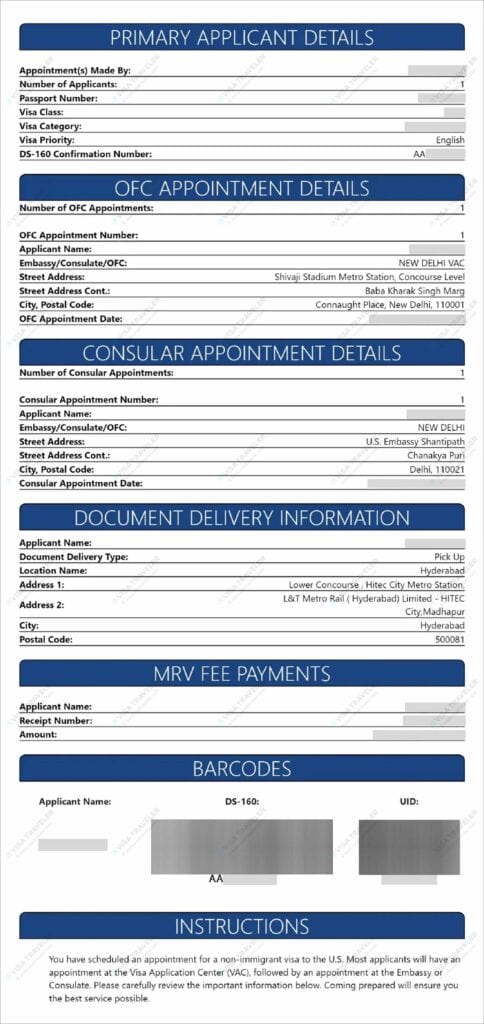 US visa appointment confirmation sample from US Visa Scheduling