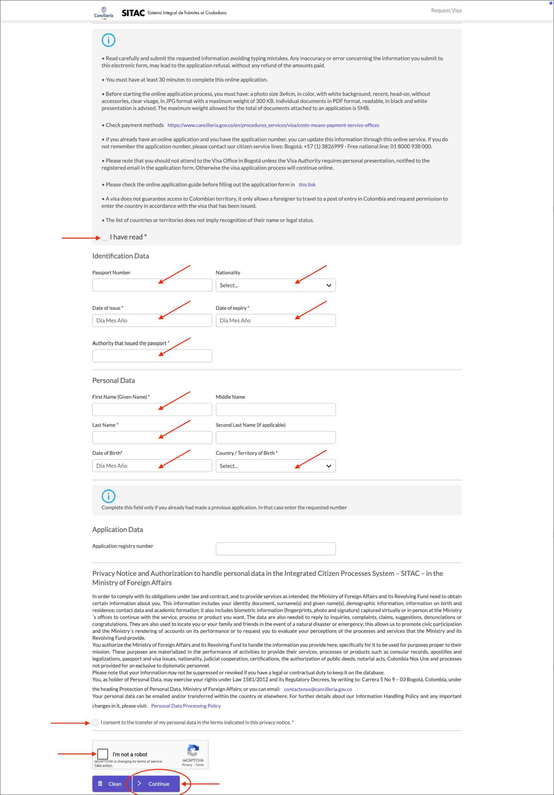 Colombia e-Visa start page