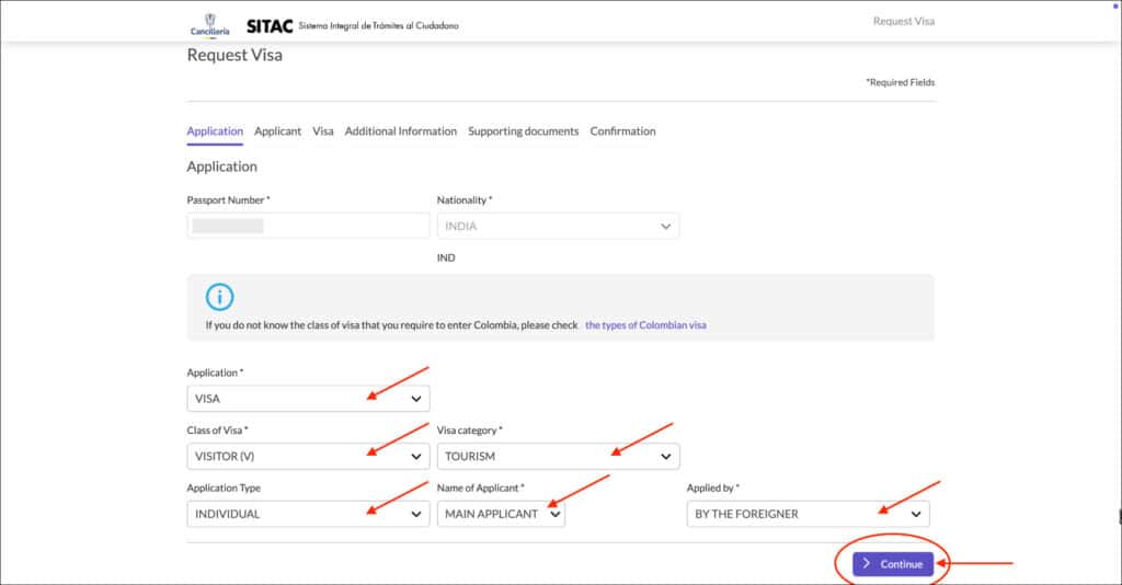 Colombia e-Visa Application page