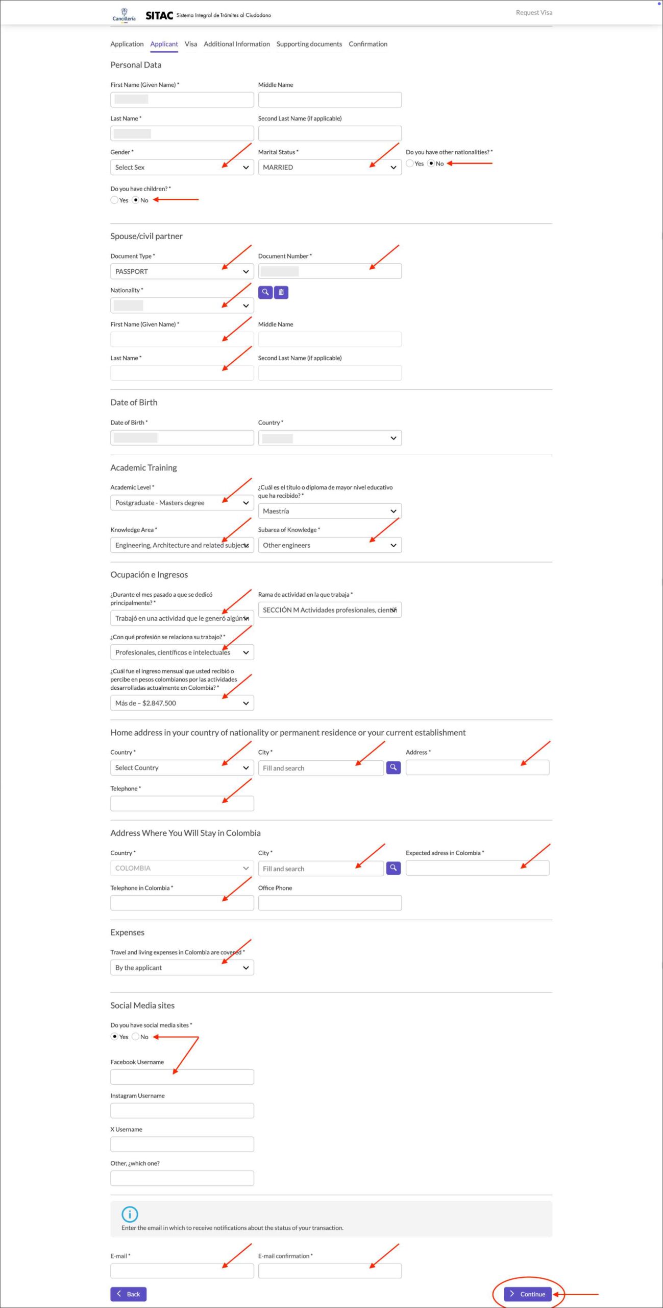 Colombia e-Visa Applicant page