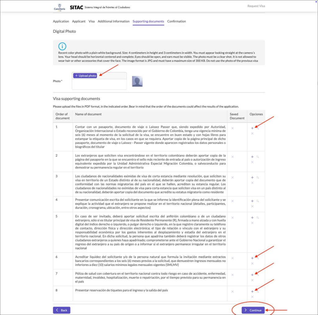 Colombia e-Visa Supporting Documents page