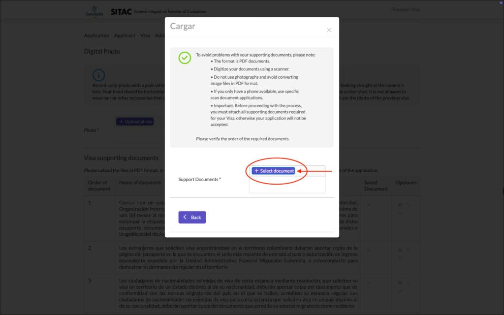Colombia e-Visa Supporting Documents upload popup