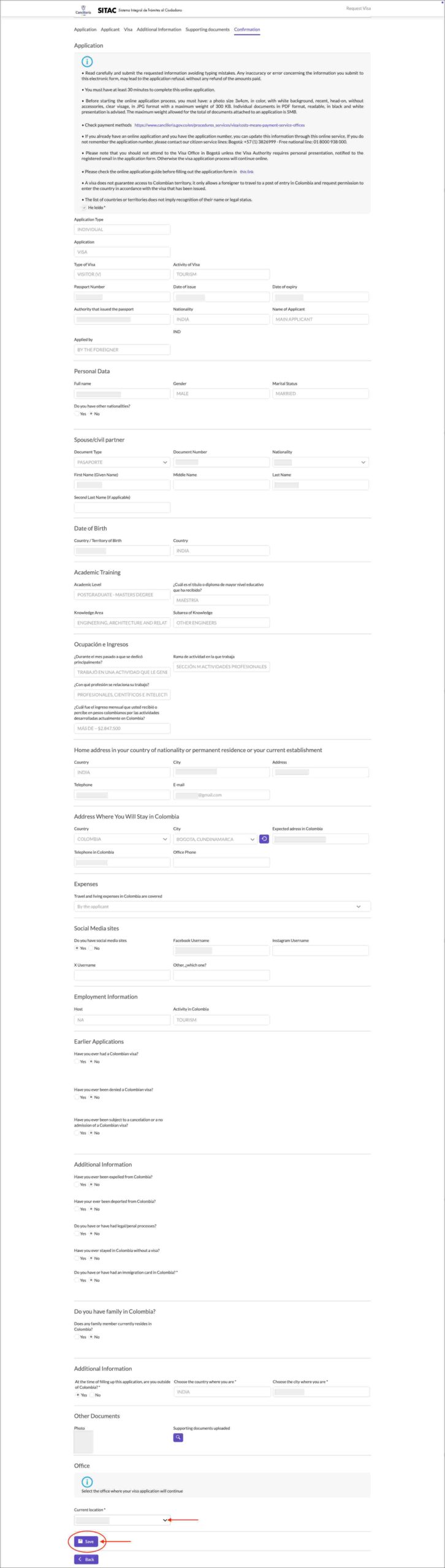 Colombia e-Visa Confirmation page