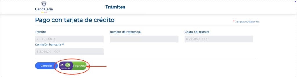 Colombia e-Visa payment page