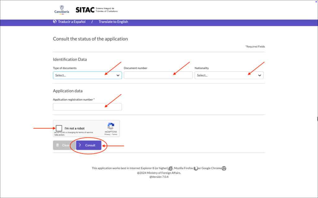 Colombia e-Visa check status page