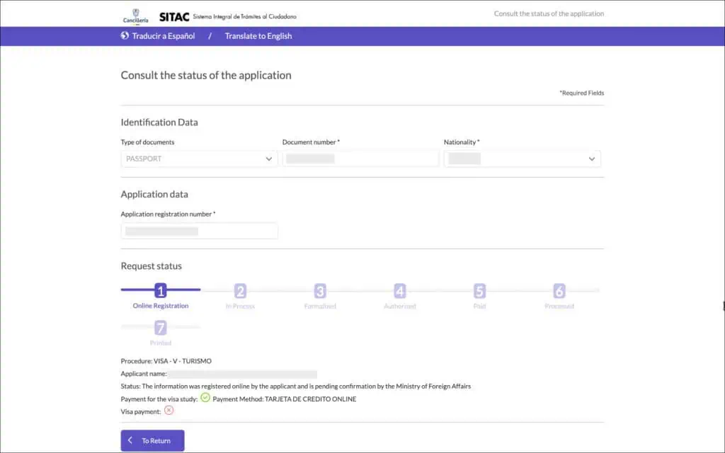 Colombia e-Visa status after first payment